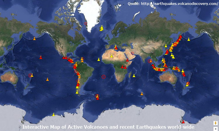 Karte aktiver Vulkane und Erdbeben - Bildquelle: Screenshot-Ausschnitt earthquakes.volcanodiscovery.com