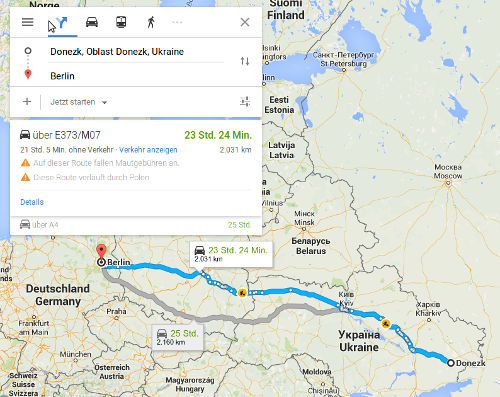 Berlin - Donezk - Bildquelle: Screenshot-Ausschnitt GoogleMaps