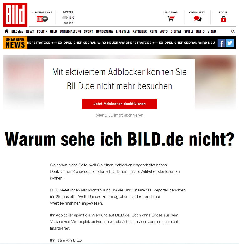 Bild und Adblocker - Bildquelle: Screenshot-Ausschnitt www.bild.de