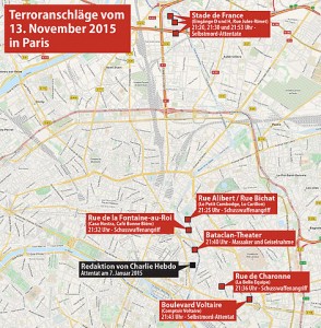 Karte der Pariser Anschäge - Bildquelle: Wikipedia / Maximilian Dörrbecker (Chumwa)