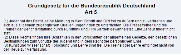 Grundgesetz Artikel 5 - Bildquelle: Screenshot-Ausschnitt www.gesetze-im-internet.de