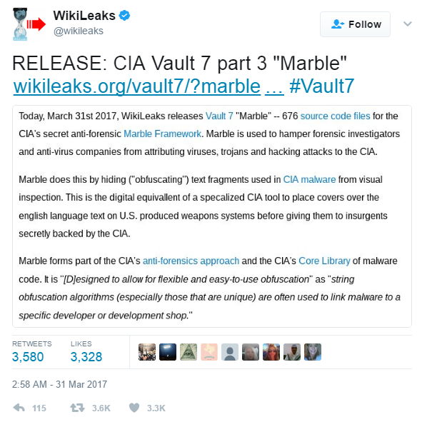 WikiLeaks Vault 7 - 1 - Bildquelle: Screenshot-Ausschnitt Twitter