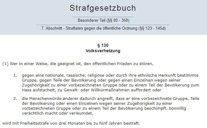 Artikel 130 Absatz 1 StGB - Bildquelle: Screenshot-Ausschnitt www.dejure.org