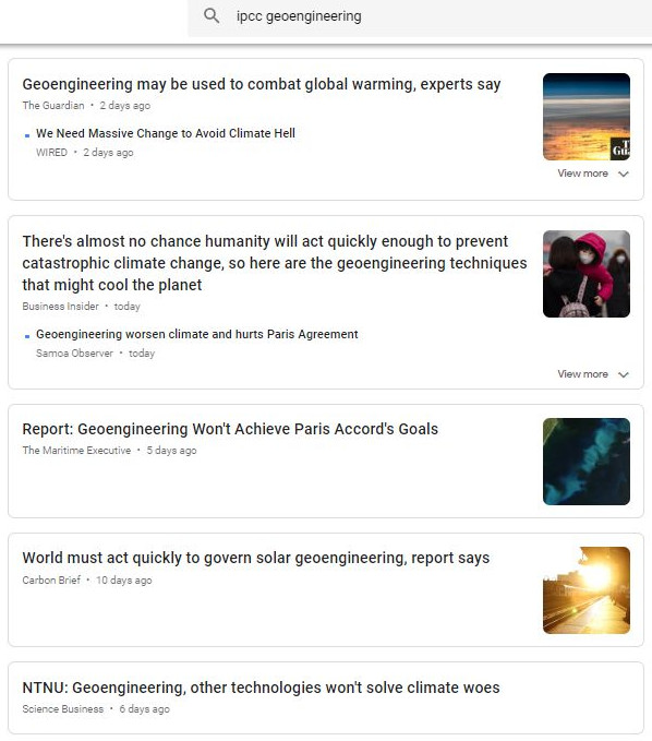 Google News IPCC Geoengineering - Bildquelle: Screenshot-Ausschnitt Google News am 11. Oktober 2018