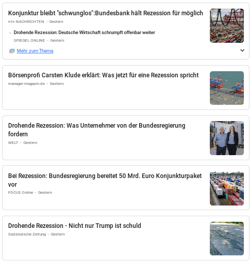 Suchergebnisse Rezession - Bildquelle: Screenshot-Ausschnitt Google News