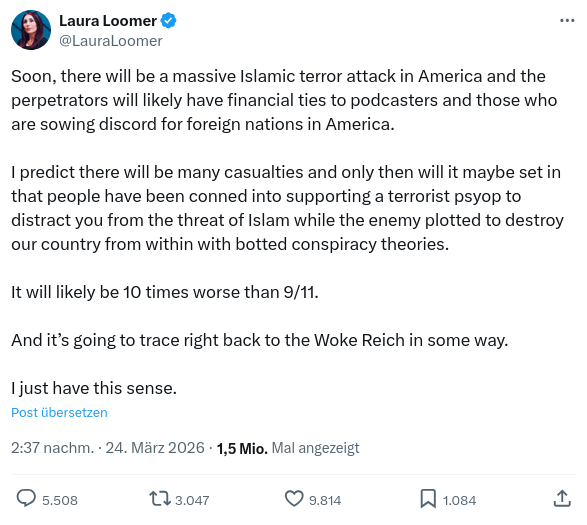 Laura Loomer Tweet - Bildquelle: Screenshot-Ausschnitt X