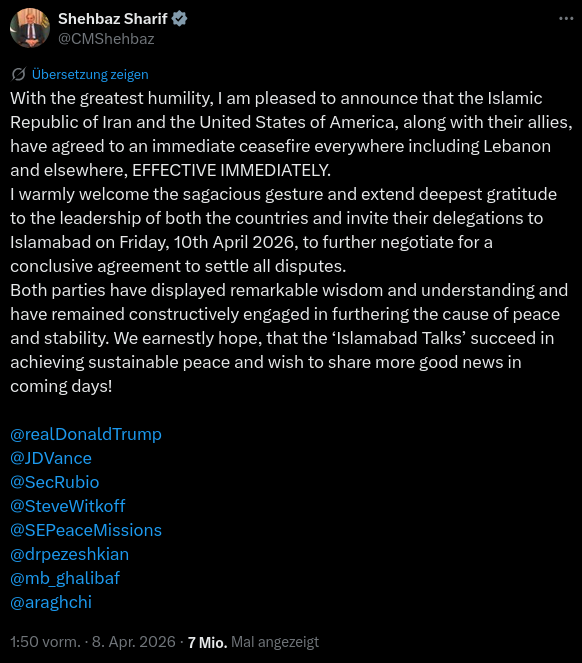 Tweet Shehbaz Sharif - Bildquelle: Screenshot-Ausschnitt X